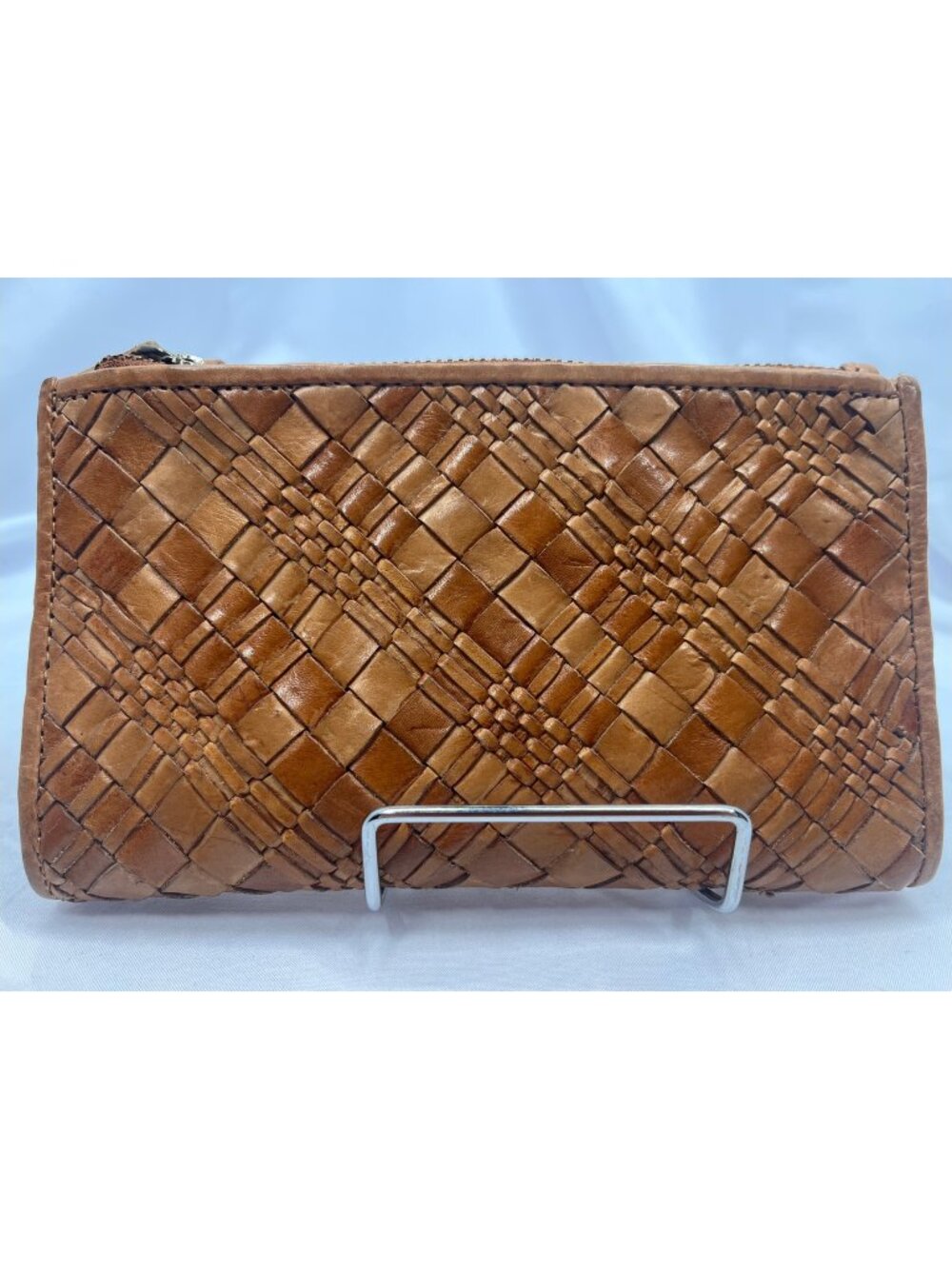 Genuine Leather Woven Wallet Clutch Cognac Brown Organizer Double Zipper